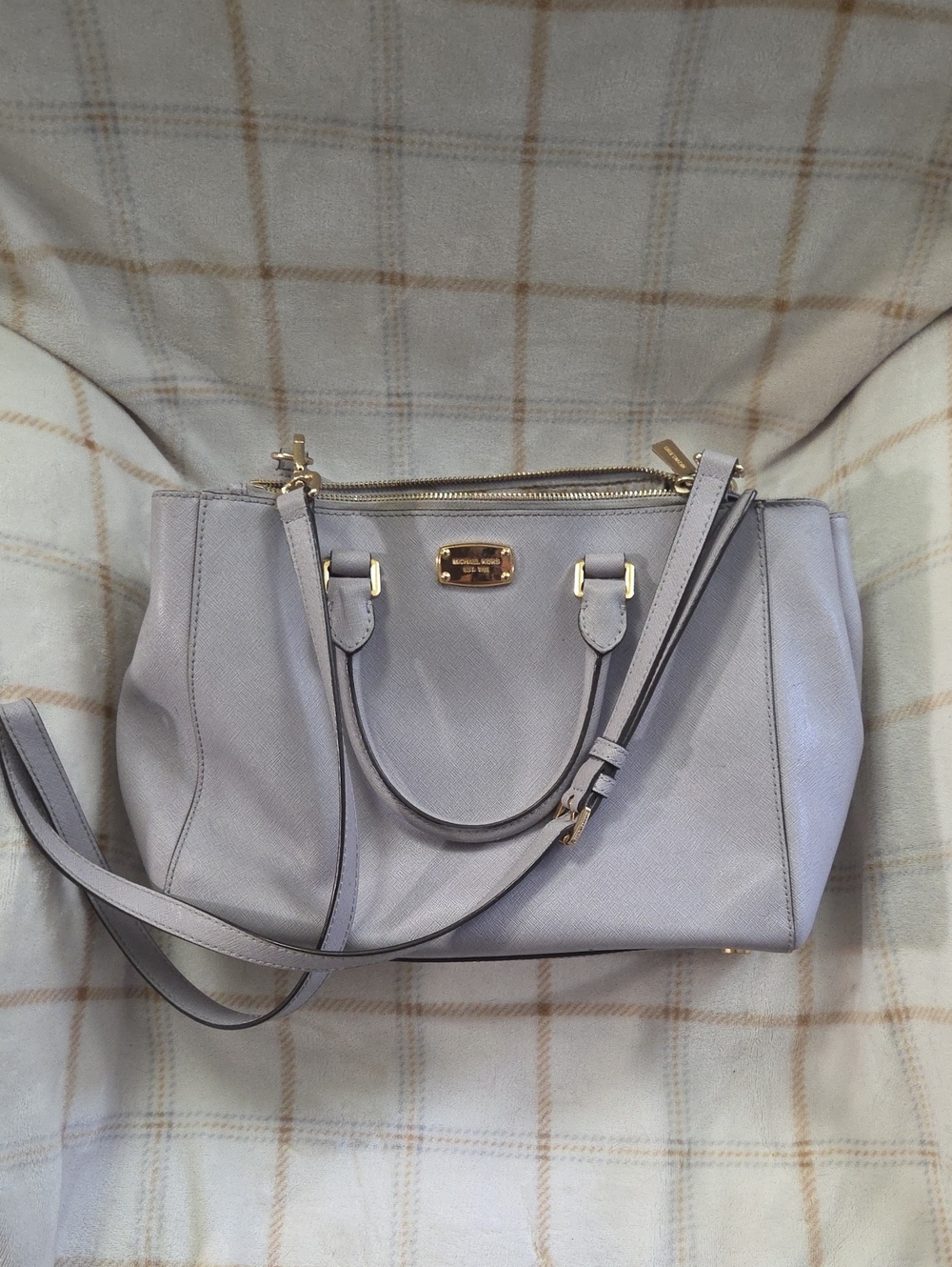 Michael Kors Light Gray Saffiano Leather Satchel with Gold Hardware